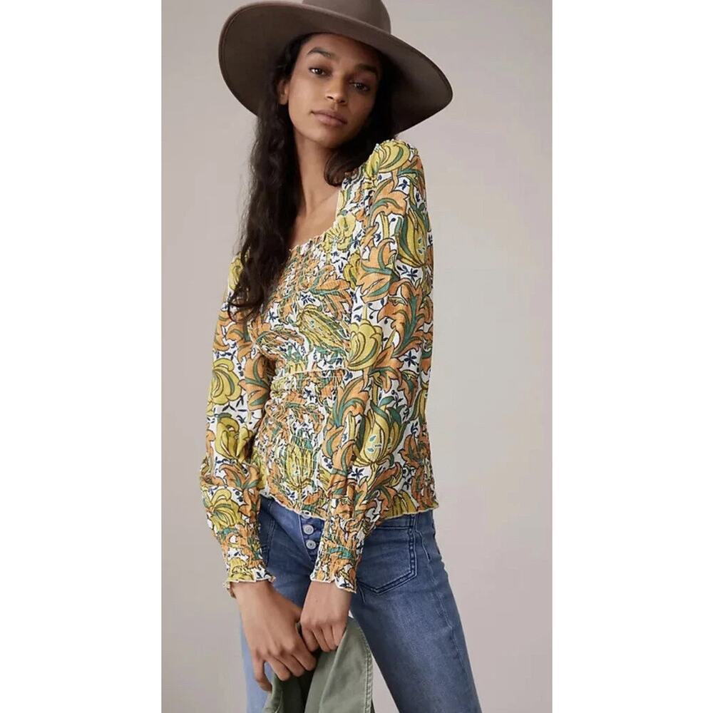 Anthropologie Women's The Rayna‎ Relaxed Smock Top Long Puff Sleeves Floral S